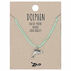 Dolphin Charm Waxed Mint Cord Pull Anklet