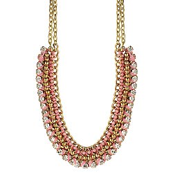 Gold, Pink Bead & Crystal Necklace