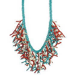 Cream, Turquoise & Coral Beaded Branch Necklace