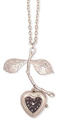 Long Silver Metal Leafy Branch Heart Watch Necklace