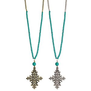 Chain & Turquoise Bead Ethiopian Cross Long Necklace