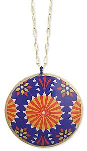Blue & Orange Floral Folk Art Pendant Necklace