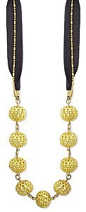 18" Gold Metal Texture Ball Black Ribbon Necklace