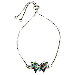 Blue Multi Butterfly Charm Silver Pull Bracelet