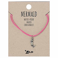 Mermaid Charm Waxed Pink Cord Pull Anklet