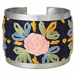 Navy Floral Cross Stitch Silver Cuff Bracelet