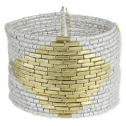 White Bead Gold Diamond Cuff Bracelet