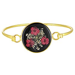 Black Posy Red Dried Flower Gold Cuff Bracelet