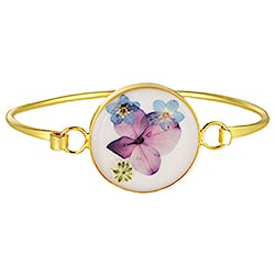 White Posy Purple Dried Flower Gold Cuff Bracelet