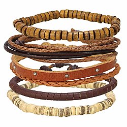 Wood & Leather Brown Unisex Bracelet Set