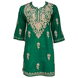 Medium Size Natural Embroidered Green Cotton Tunic