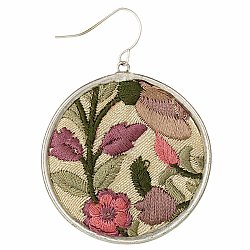 Pink Embroidered Flower Round Earrings