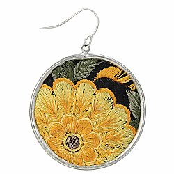 Round Embroidered Yellow Flower Silver Earrings