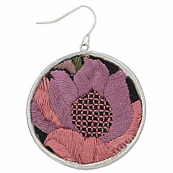 Round Embroidered Pink Flower Silver Earrings
