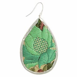 Green Floral Embroidered Elegance Silver Teardrop Earring