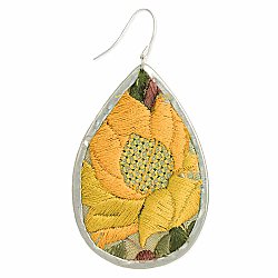 Yellow Floral Embroidered Elegance Silver Teardrop Earring
