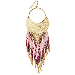 Filigree Crescent Pink Bead Fringe Earrings
