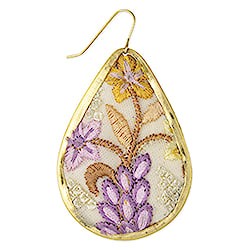 Lilac & Yellow Embroidered Gold Teardrop Earrings