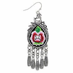 Vintage Floral Embroidered Silver Drop Earrings