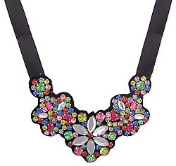 Multi Crystal Covered Fabric & Ribbon Statement Necklace