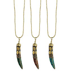 Inlaid Stone Horn Pendant Gold Long Necklace
