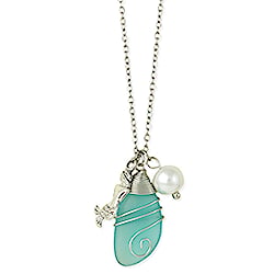 Mermaid Blue Sea glass Pearl Charm Necklace