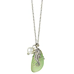 Seahorse Green Sea glass Pearl Charm Necklace