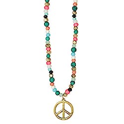 Coastal Calm Blue Pink Bead Gold Peace Sign Necklace