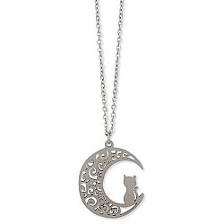 Midnight Prowler Cat Moon Silver Necklace