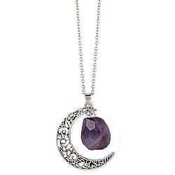 Antiqued Silver Moon Raw Amethyst Long Necklace