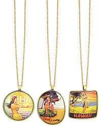 Gold Metal Enamel Hawaiian Postcard Pendant Necklace