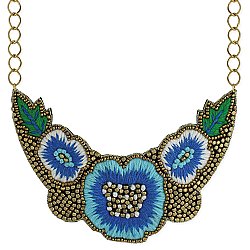 Gold & Blue Embroidered Flower Bib Necklace