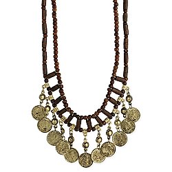 Wood Bead & Gold Coin Necklace