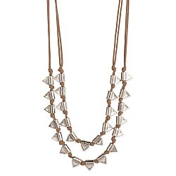 Tan Cord 2 Line Silver Triangles Necklace