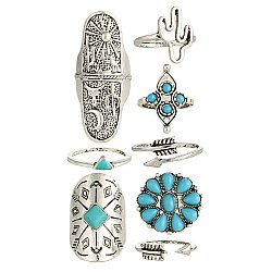 Set of 8 Southwest Style Turquoise & Silver Rings