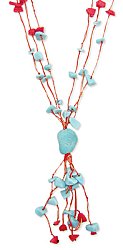 24" 3 Line Thread Turquoise/Red Bead Tassel Necklace