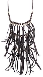 16" 3 Tier Black Linen Strip Fringe Necklace