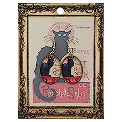 Chat Noir Print Gold Oval Fine Art Earrings