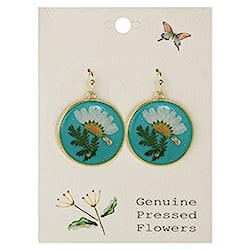 Blue Skies White Dried Flower Gold Round Earrings