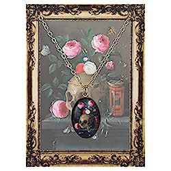 Skull Floral Print Gold Oval Fine Art Necklace