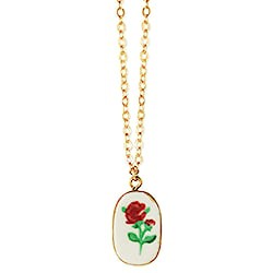 Vintage Rose Print Ceramic Charm Gold Necklace