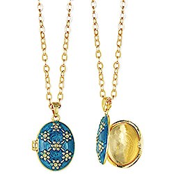 Floral Pattern Blue Oval Gold Locket Necklace
