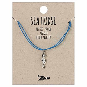 Sea Horse Charm Waxed Blue Cord Pull Anklet