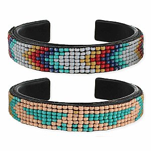 Set of 2 Patterned Bead Leather Cuff Bracelet