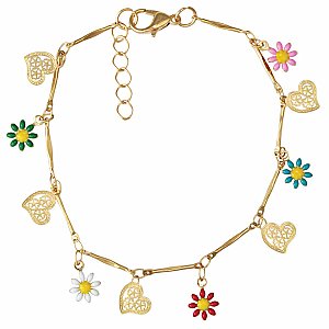 Enchanting Garden Floral Heart Gold Charm Bracelet