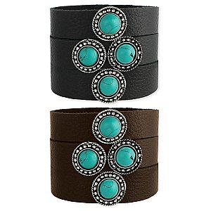 Leather & Turquoise Stone Snap Cuff