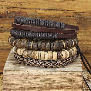 Rustic Textures Leather & Wood Unisex Bracelet Set