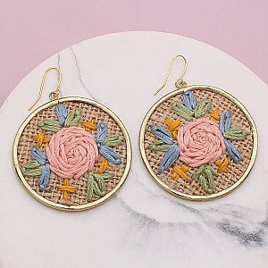 Tan Floral Cross Stitch Gold Earrings