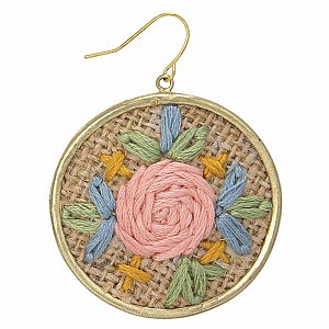 Tan Floral Cross Stitch Gold Earrings