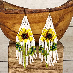 Sunflower Bead White Fringe Earrings